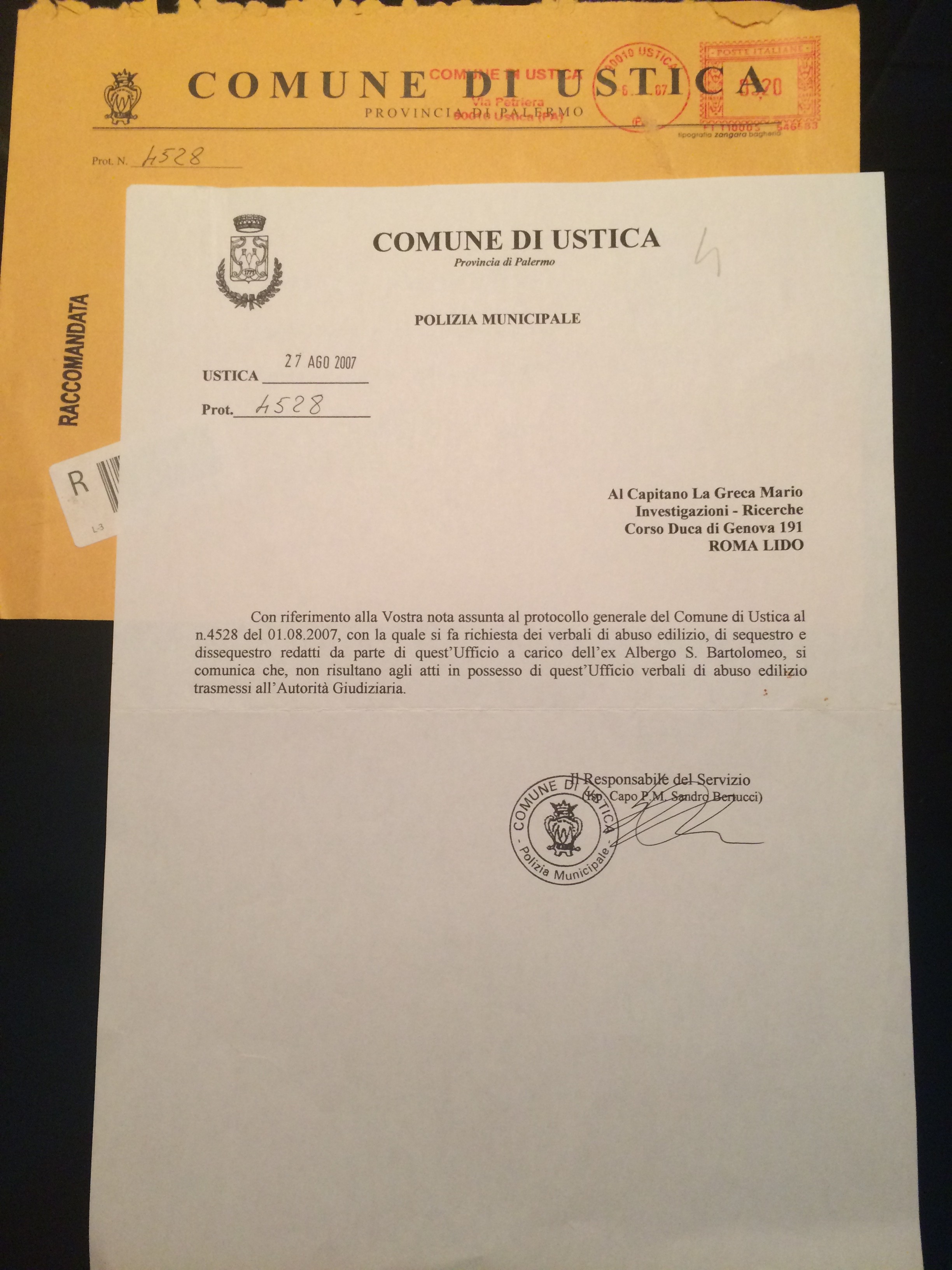 Documento della Polizia Minicipale di Ustica prot. n. 4528 del 27 agosto 2007